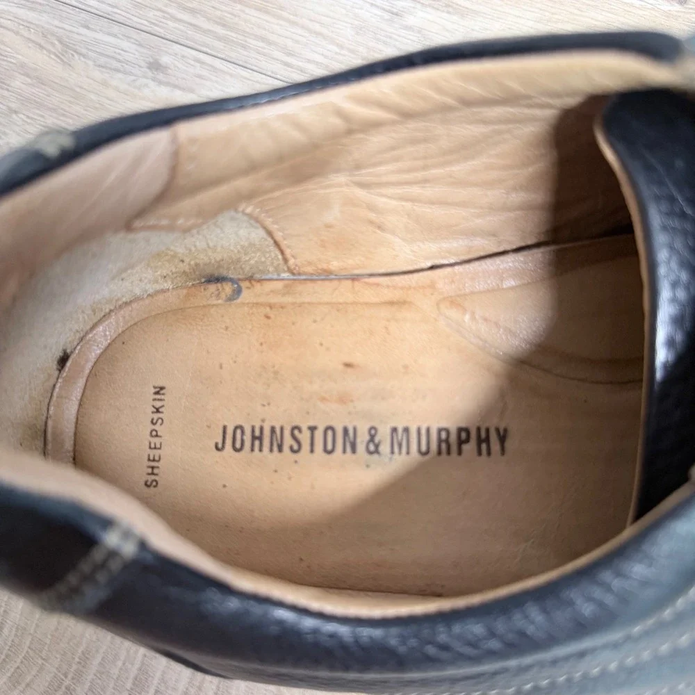 Johnston & Murphy Oxford 11.5 Black‎ Leather Square Toe Lace Up Contrast Stitch